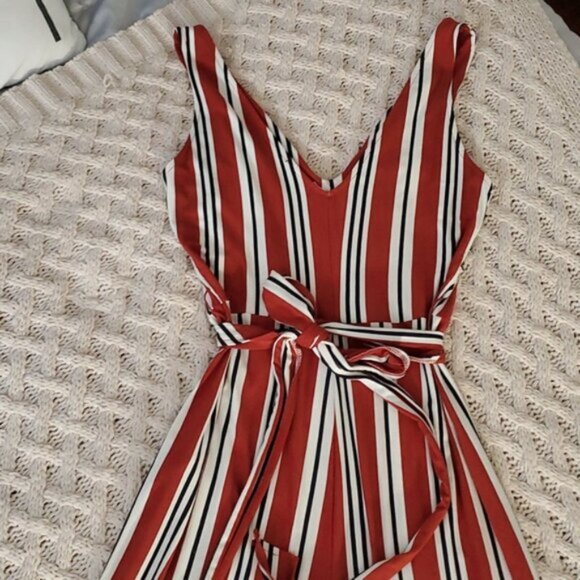 BERSHKA Europe Striped V neck Tie Waist Wide Leg Jumpsuit - Picture 6 of 16